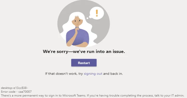 Odstraňování problémů s chybou Microsoft Teams caa70007