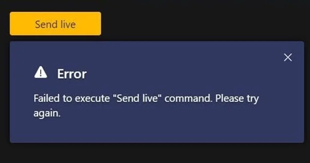 Teams Live: Неуспешно изпълнение на командата „Изпращане на живо“.