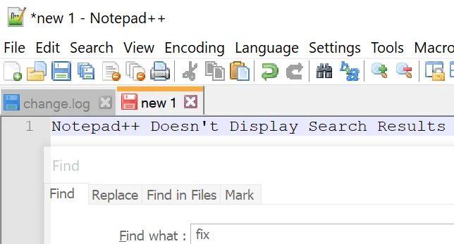 Поправете, че Notepad++ не показва резултати от търсенето
