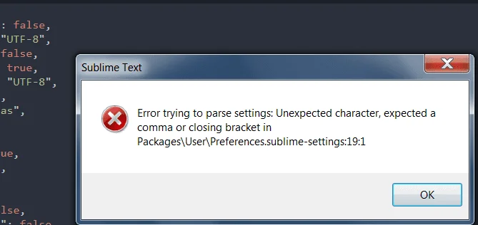 Поправете грешка в Sublime Text при опит за синтактичен анализ на настройките