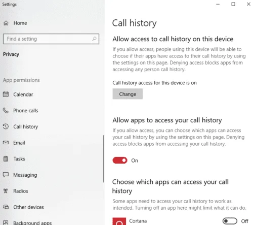 Windows 10: Blokker apper fra å få tilgang til anropslogg