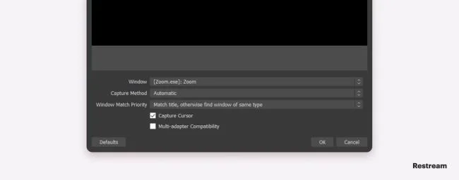Nastavitve zajema okna OBS