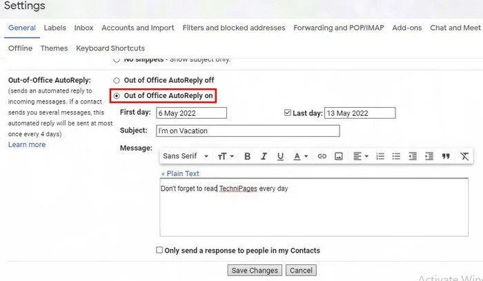 Как да настроите отговор при ваканция в Gmail