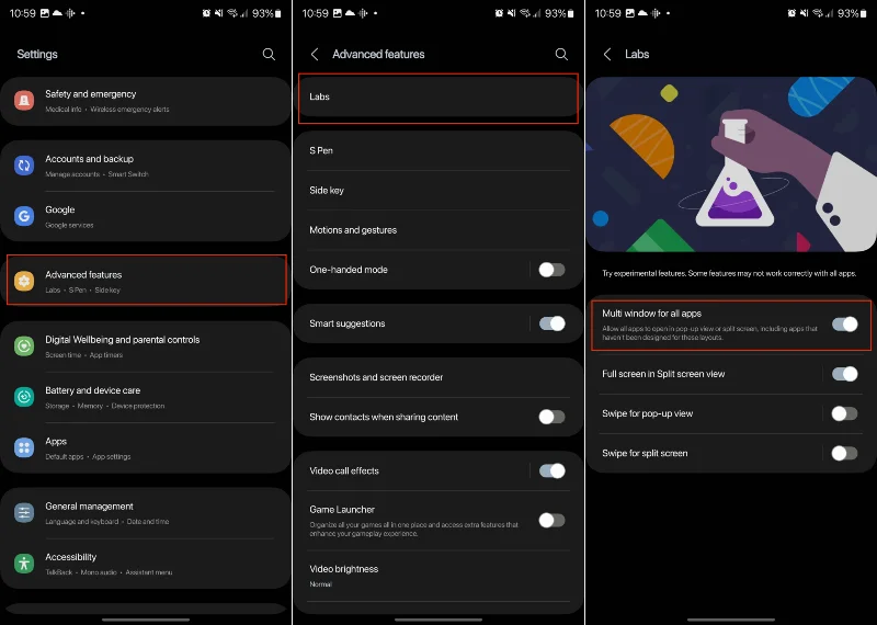 Como activar a pantalla dividida ou a fiestra múltiple no Galaxy S23
