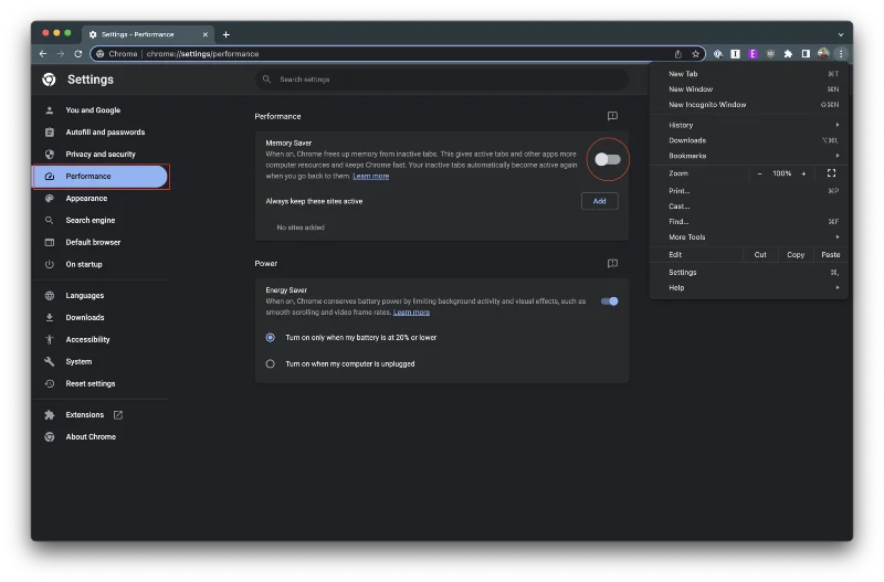 Kako izklopiti varčevanje s pomnilnikom v brskalniku Google Chrome