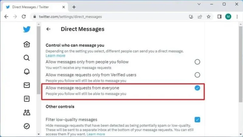 Як дозволити прямі повідомлення від усіх у Twitter