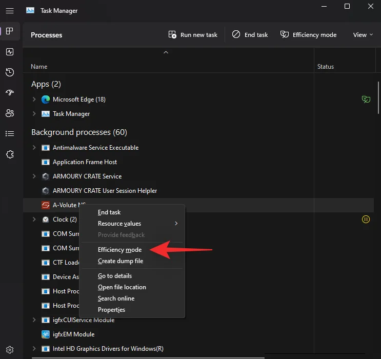 Jak zapnout nebo vypnout režim účinnosti ve Windows 11 pro aplikaci nebo proces