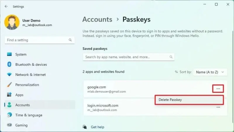 Jak nastavit přístupový klíč pro web nebo aplikaci v systému Windows 11