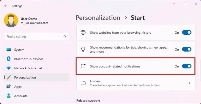 Як вимкнути сповіщення облікового запису меню «Пуск» у Windows 11 23H2