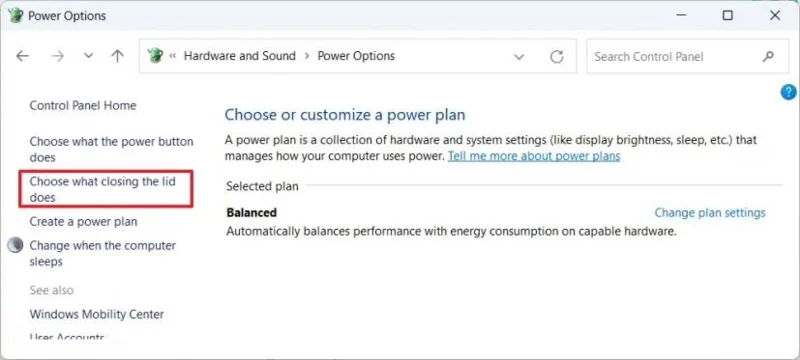 Nastavení akce zavření víka v systému Windows 11