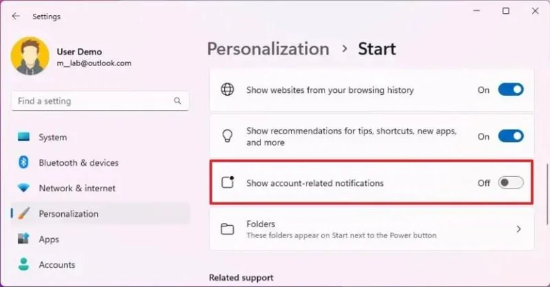 Як вимкнути сповіщення облікового запису меню «Пуск» у Windows 11 23H2