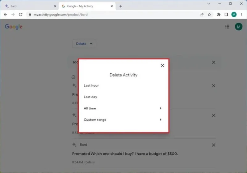 Kuinka tyhjentää Google Bard AI -toimintahistoria