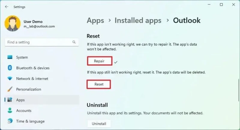 Як скинути нову програму Outlook (не працює) у Windows 11