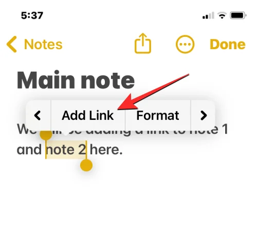 Hvordan koble andre notater i et notat på iPhone med iOS 17