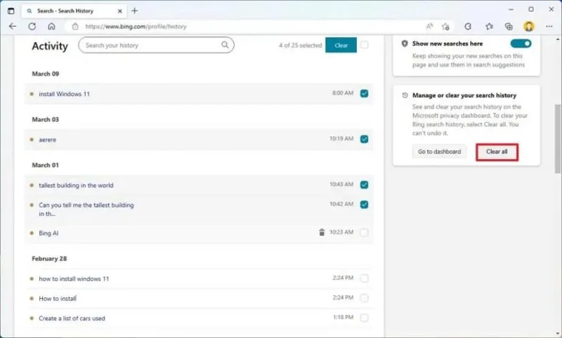 Kuinka tyhjentää Bing Chat AI -hakuhistoria