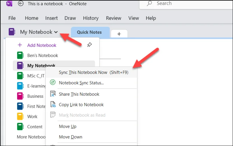 Muistikirjan synkronoiminen OneNote for Windowsissa