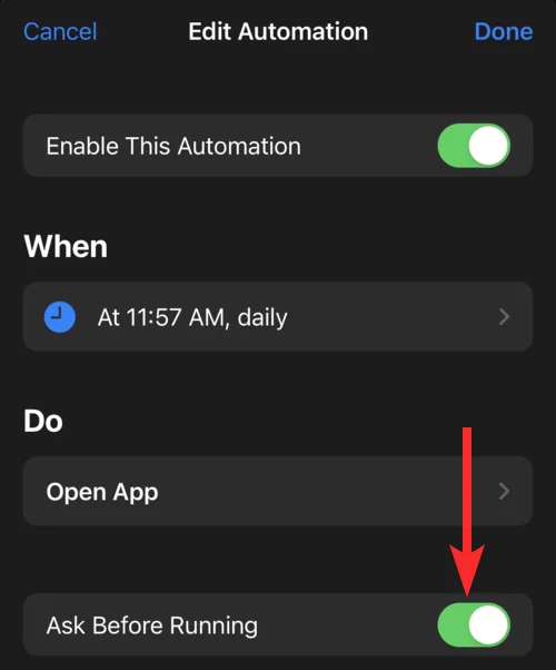 Hva betyr 'varsle når kjøring betyr i snarveier-appen på iPhone?