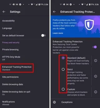 Firefox Androidille: Seurantasuojauksen ottaminen käyttöön