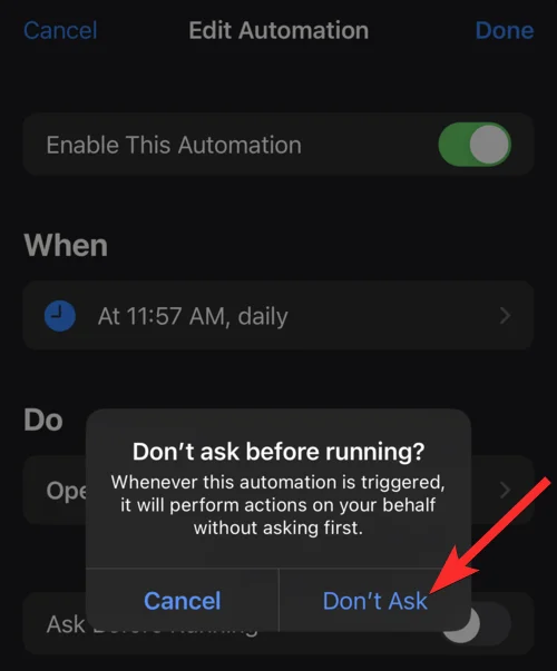 Hva betyr 'varsle når kjøring betyr i snarveier-appen på iPhone?