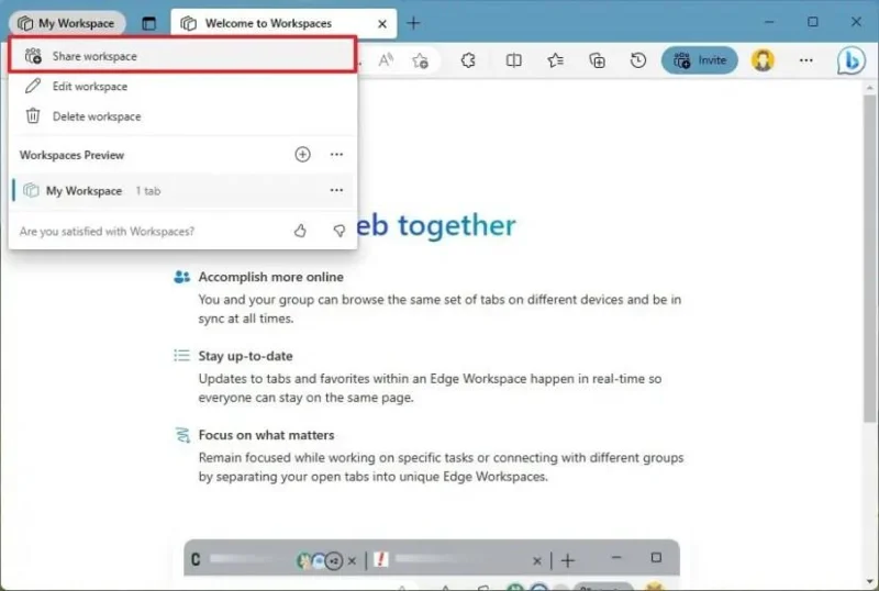 Työtilojen käyttäminen välilehtien jakamiseen Microsoft Edgessä