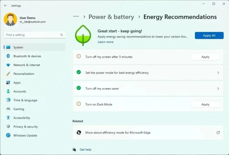 Енергетичні рекомендації Windows 11