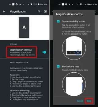 Triple Touch Zoomin ottaminen käyttöön Androidissa