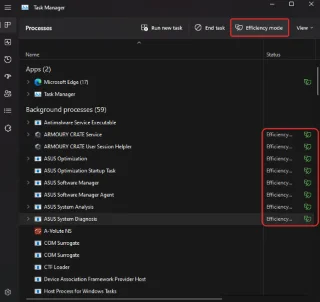 Tehokkuustilan kytkeminen päälle tai pois päältä Windows 11:ssä sovellukselle tai prosessille