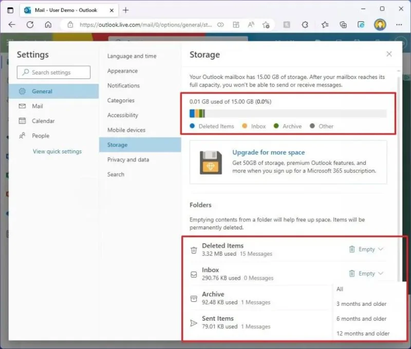 Як перевірити використання пам’яті поштової скриньки Outlook
