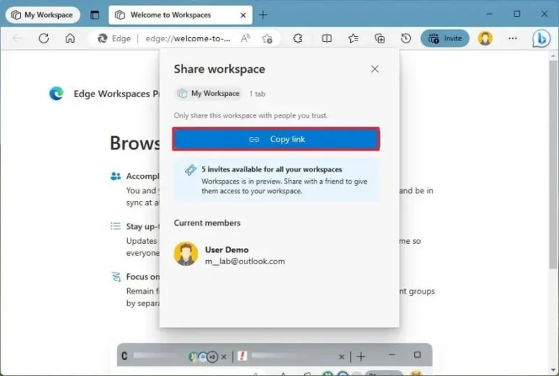 Työtilojen käyttäminen välilehtien jakamiseen Microsoft Edgessä