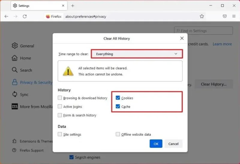 Kuinka tyhjentää välimuisti ja evästeet Firefoxissa