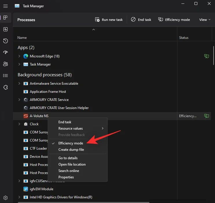 Jak zapnout nebo vypnout režim účinnosti ve Windows 11 pro aplikaci nebo proces