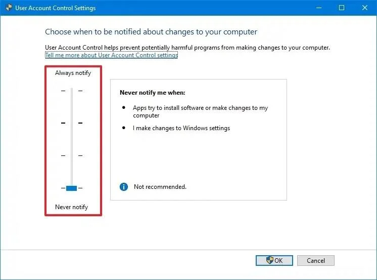 UAC beállításai Windows 10