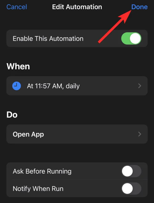 Hva betyr 'varsle når kjøring betyr i snarveier-appen på iPhone?