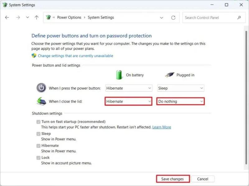 Možnosti akce zavření víka v systému Windows 11