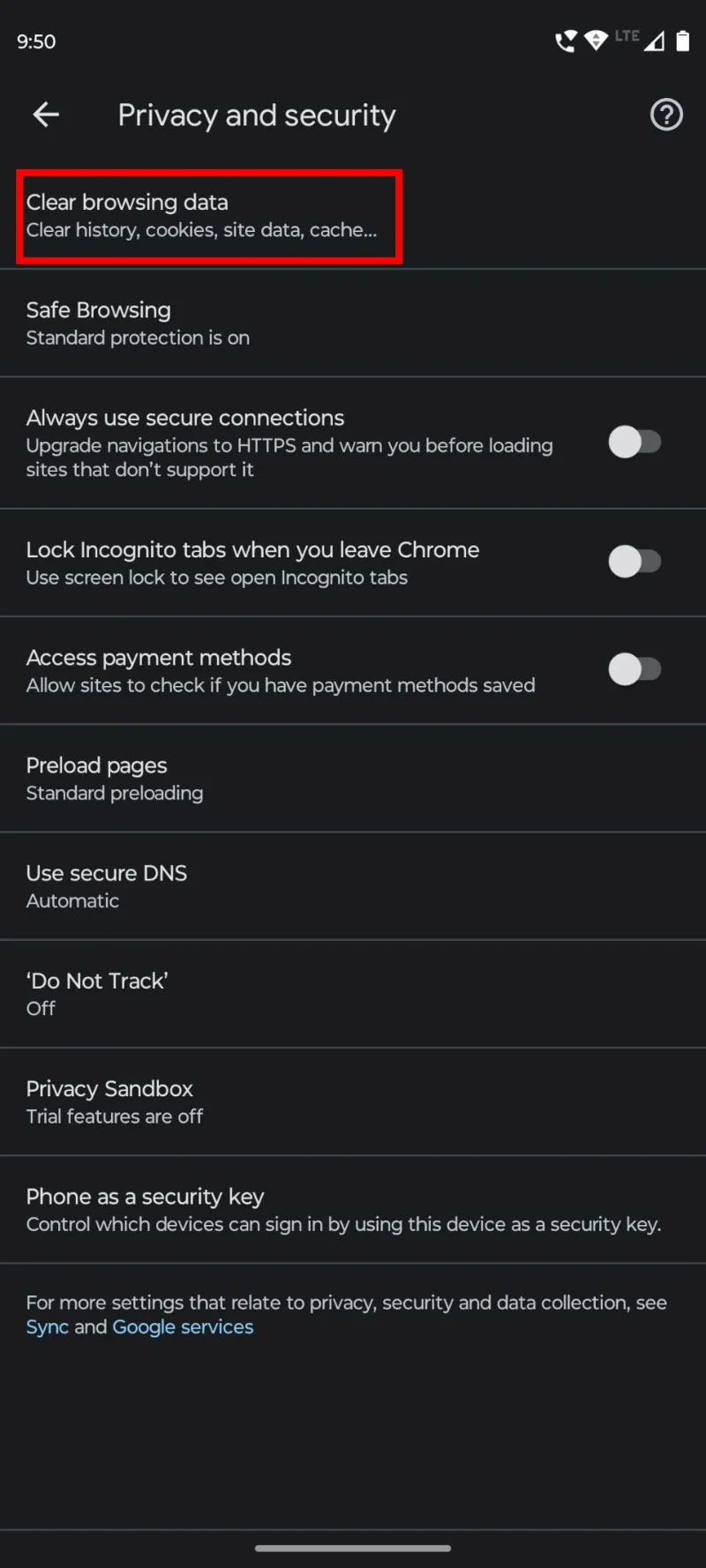 Chrome Android: Išvalyti talpyklą, istoriją ir slapukus