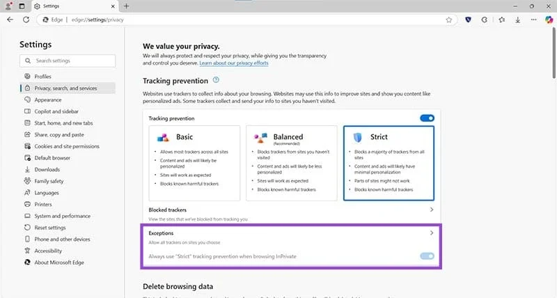 Kaip pakeisti saugumo nustatymus Microsoft Edge naršyklėje