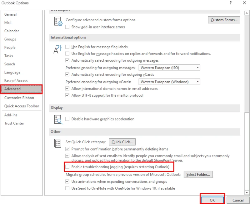 Aktivace nebo deaktivace globálního protokolování v Microsoft Outlook 365