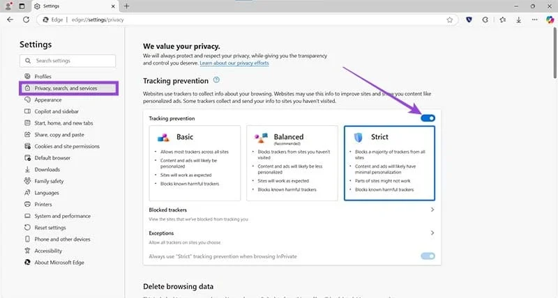 Kaip pakeisti saugumo nustatymus Microsoft Edge naršyklėje