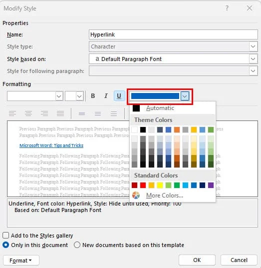 Jak změnit barvu hypertextových odkazů ve Wordu 365