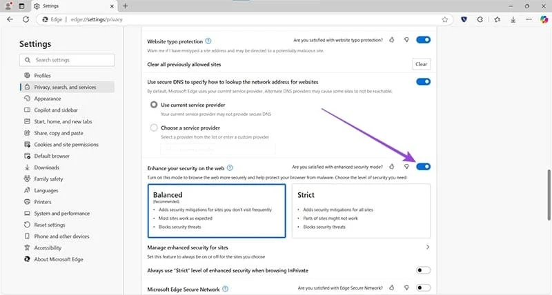 Kaip pakeisti saugumo nustatymus Microsoft Edge naršyklėje