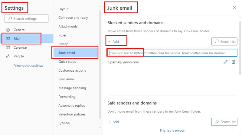 Outlook 365: Blokování emailových adres a domén