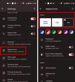 Opera for Android: Kaip sukonfigūruoti tamsų režimą