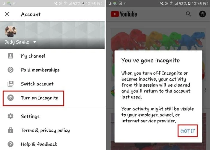 Sådan tændes/slukkes Incognito-tilstand i YouTube