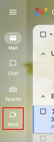 Začátek relace Google Meet z Gmailu
