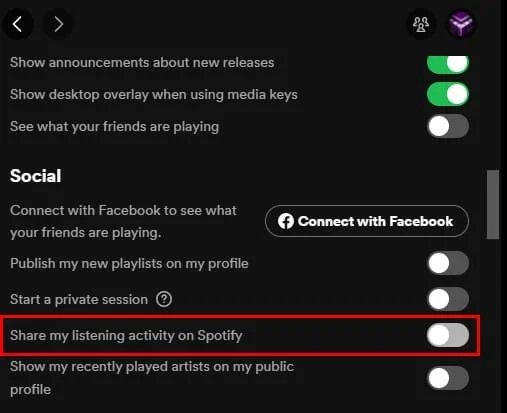Išjunkite klausymosi veiklą „Spotify“