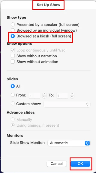 Omogočite samodejno kiosčno predstavitveno modo v PowerPoint 365