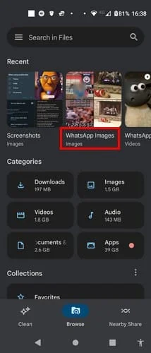 Търсене на медийни файлове на WhatsApp в Google Files