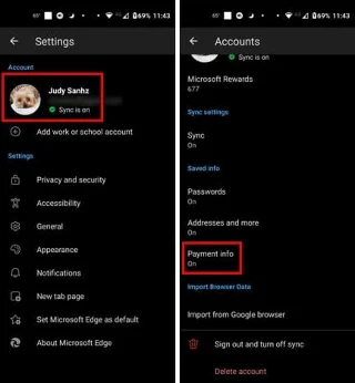 Edge pro Android: Přidání údajů o kreditní kartě do automatického vyplňování