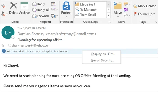 Как да покажете пощата като обикновен текст в Outlook