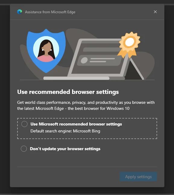 Изскачащи прозорци с препоръки за браузър/търсачка на Windows 10 – как да ги спрем?